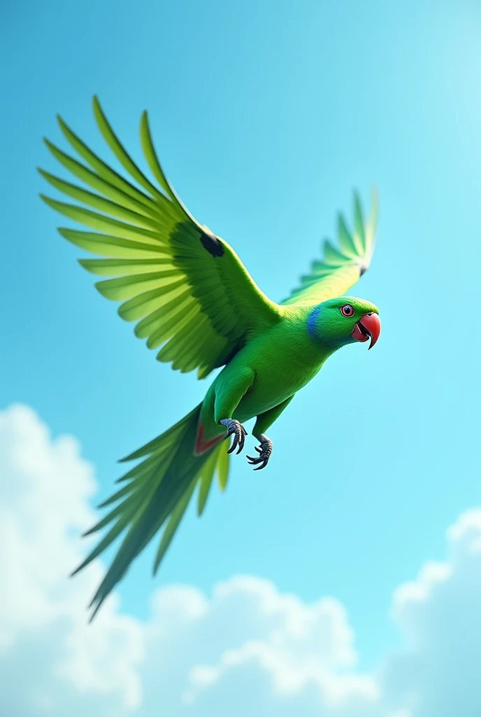 Indian green parrot flying in sky