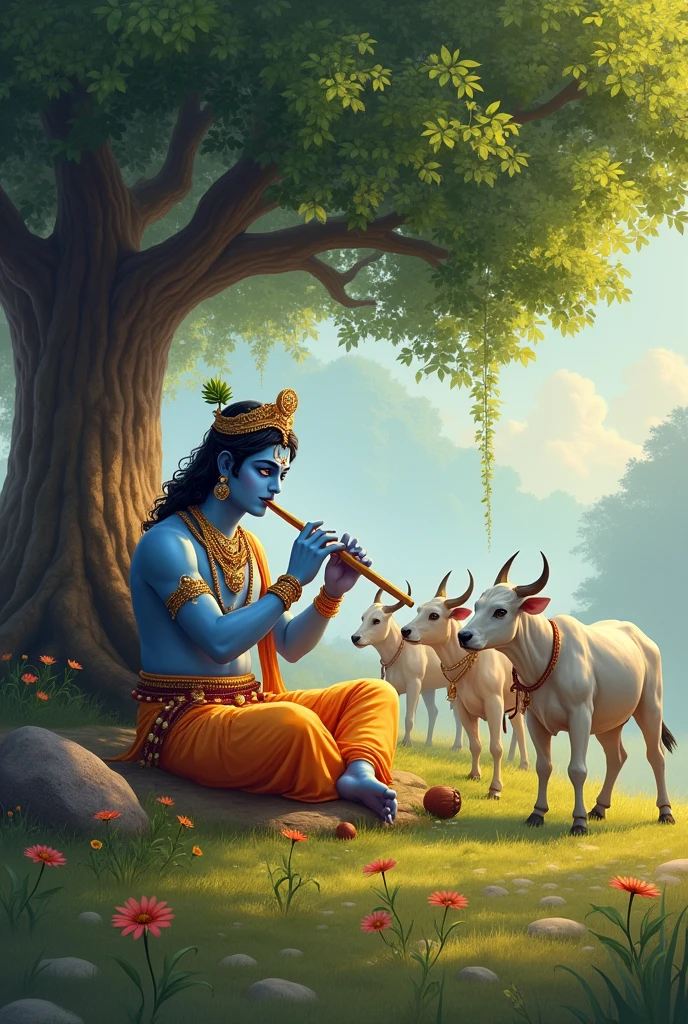 Krishna ji playing flute while sitting in the ground under the tree and 7 cows are grazing arround him.