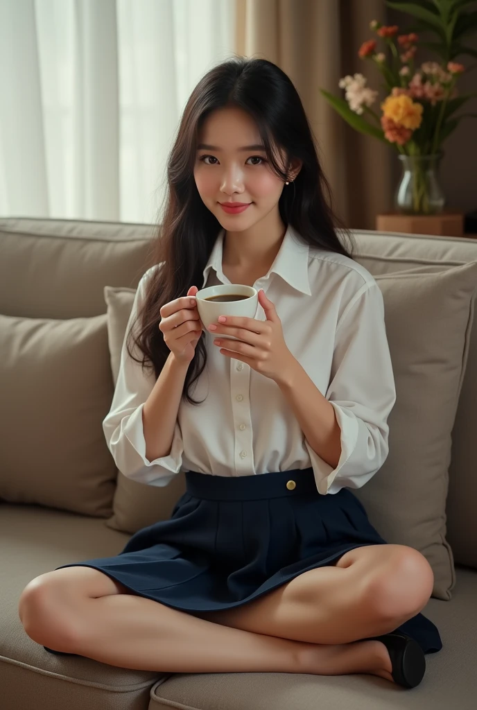 Beautiful Thai woman in university student uniform, sitting cross-legged, high heels, sipping coffee on a sofa.