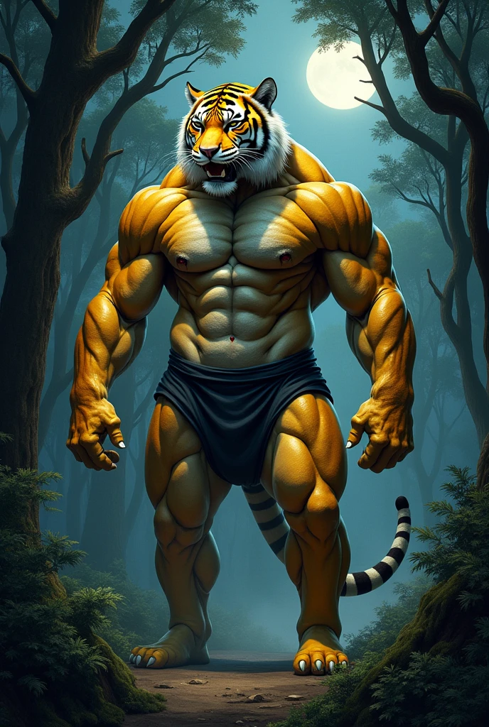 ((best quality)), ((masterpiece)), a big ass muscular anthropomorphic yellow tiger wearing black thong in a forest at night
