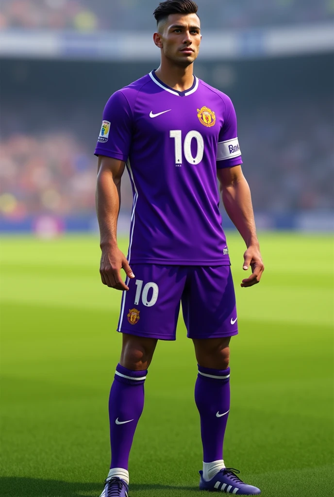 A football player with violet jersey his number was 10 and name was jude good looking