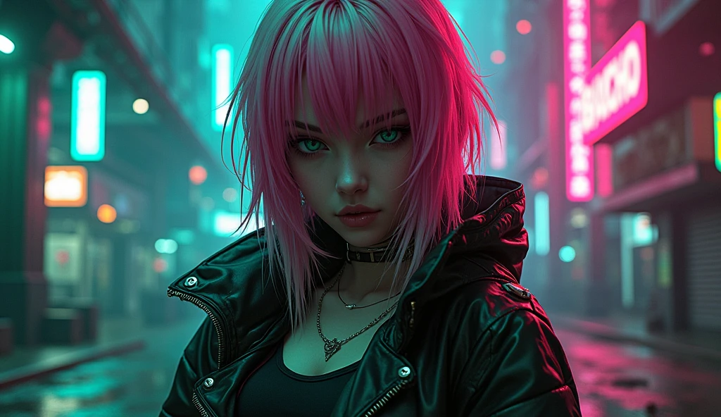 cyberpunk ,dark neon,anime girl ,pink green