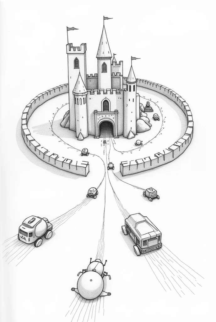 Draw a simple castle with pencil, , protected by 3 walls around it, At the entrance to the castle, represent small vehicles and joined spheres and robots, and all of them heading towards the castle walls. Use arrows to show the movement of these vehicles, spheres and robots heading to the castle, delivering their gifts inside the castle.