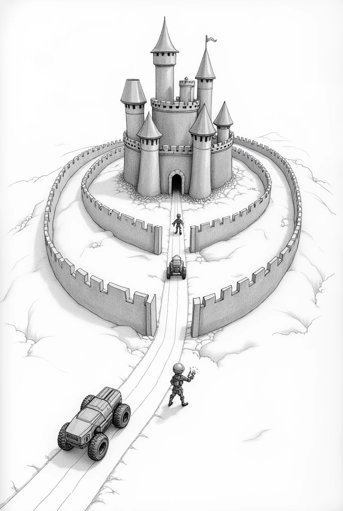 Draw a simple castle with pencil, , protected by 3 walls around it, At the entrance to the castle, represent small vehicles and joined spheres and robots, and all of them heading towards the castle walls. Use arrows to show the movement of these vehicles, spheres and robots heading to the castle, delivering their gifts inside the castle.