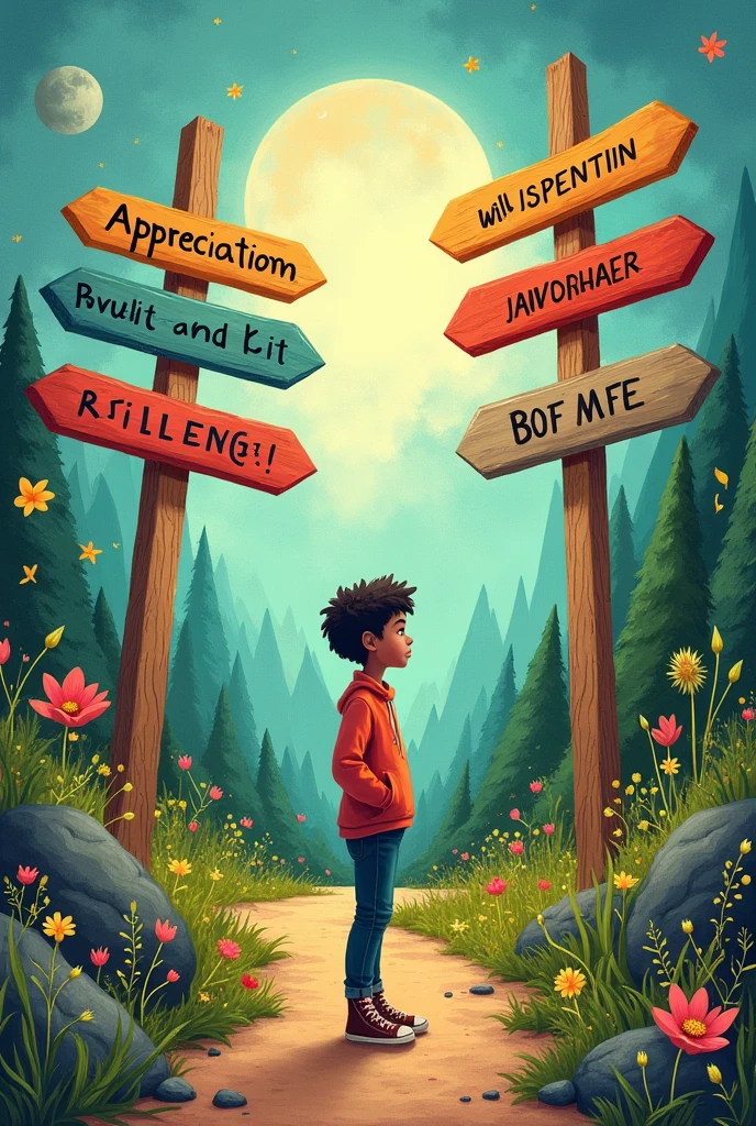 A vibrant, illustrated scene of a character standing at a crossroads, with signs pointing in different directions: “Inner Voice,” “Gratitude,” “Adaptation,” and “Self-Care.”