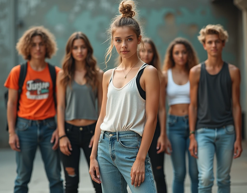 Photo of a teenage girl in skater fashion and her male and female friends. Everyone is wearing a tank top