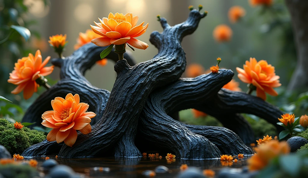 There is a kind of wood in the osmanthus forest，It is shaped like a grain but has a black texture.，Its flowers are exceptionally gorgeous（best quality，4K，8k，High level，masterpiece：1.2），Ultra Detailed，（lifelike，Photo real，Photo real：1.37）