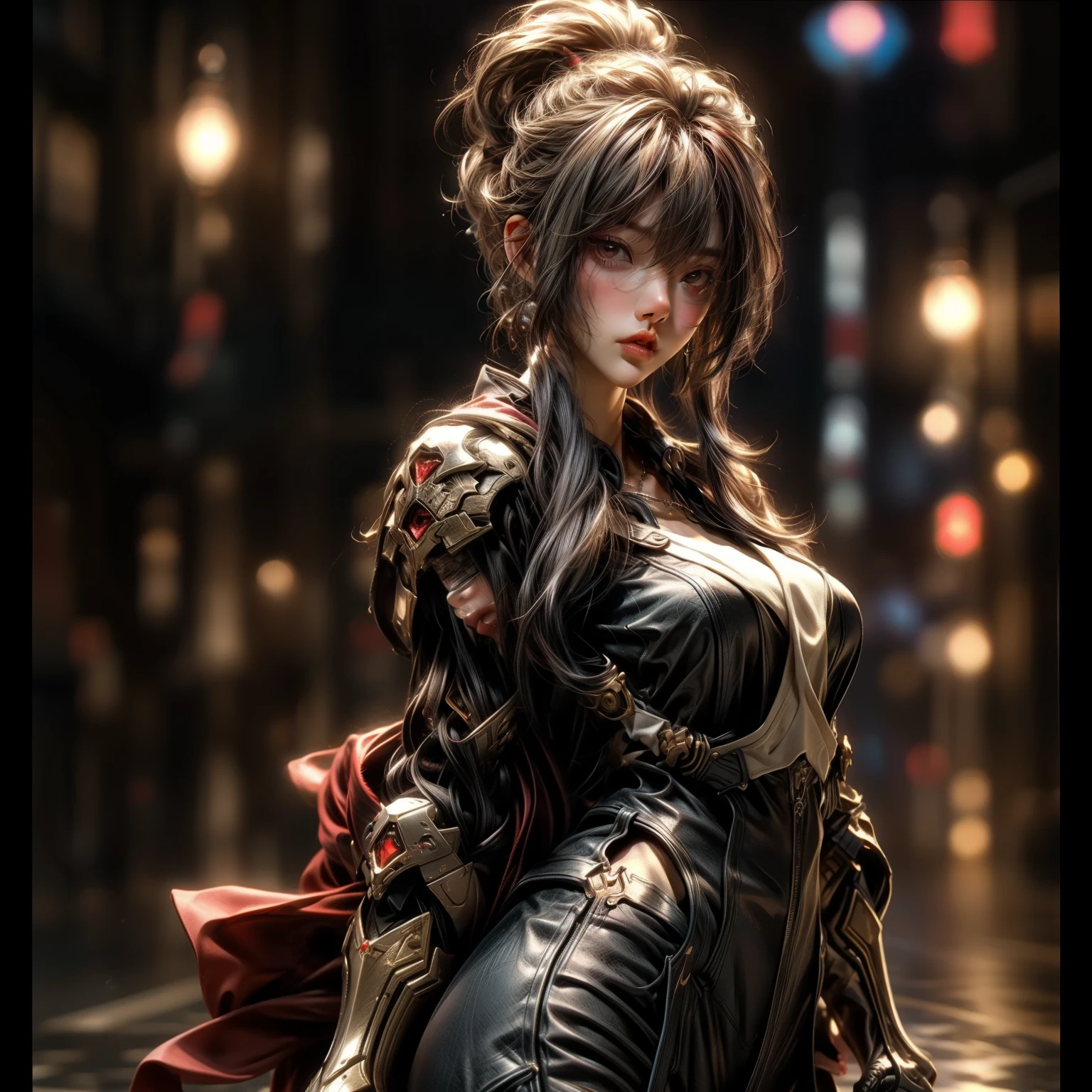 (best quality)), ((Masterpiece)), (details:1.4), 3d, HDR (high dynamic range), an image of a beautiful cyberpunk female, Hips up, cyberpunk, Fantasy, Red hair, Curtain Bangs, beautiful Red eyes, จมูกโด่ง, ปากแดง, หน้าอกใหญ่, nvidia RTX, PBR surface, After processing, Anisotropic filtration,depth of field, Maximum clarity and clarity, multi-layered surface, Subsurface scattering, perfect proportions, 8K raw files, ultra detailed, Perfect proportions, volumetric lighting, soft lighting, Holy Paladin, Heavy Black Armor, glossy skin, Chapel background, jewely, ต่างหู, นิ้วมือสมบูรณ์,