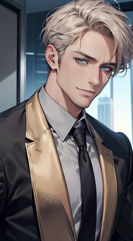 (best quality,4k,8k,highres,masterpiece:1.2),ultra-detailed,(realistic,photorealistic,photo-realistic:1.37),1 man,3,mature man,very handsome,without expression,smile,short grey golden hair,blue eyes,penetrating gaze,perfect face without errors,imposing posture,businessman,office background,cinematic lighting,hdr image