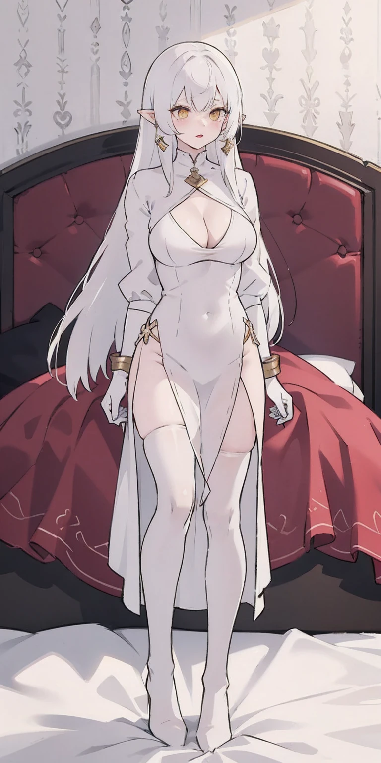 full body standing straight bareoot, long hair, triplets, holding hands on bed, sleeping together, superheroine micro bikini, SFW girl, CHEST COVER, super sexy. best quality, realistic photo, cowboy shot, bedroom background, bed, sheet, pillow (Lysithea von Ordelia) (yellow eyes) white hair, silver hair, very long hair, straight hair, solo, adult woman, tall, slightly muscular, large breasted, cleavage, constricted waist, toned body, slight abs, thin dark skin, pointy ears, lipstick, makeup, black eyeshadow, circlet, white short dress, jewelry, bracelet, white gloves