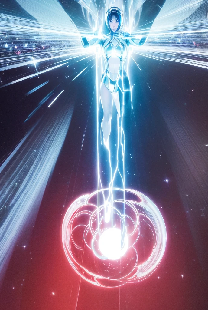 From within the vortex of light、Enter with your fist raised、A female alien with a silver body and red lines、Female Ultraman、The body is transparent