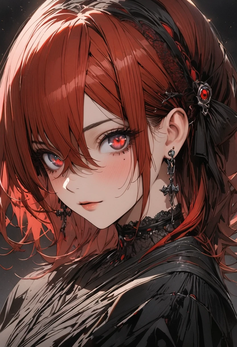 1 woman, striped hair, long red hair, hair between eyes, moles under the eyes, red eyes, black cloth, high detail, conceptual art, japanese cartoon movies, gothic art, masterpiece, super detail, high details, high quality, best quality