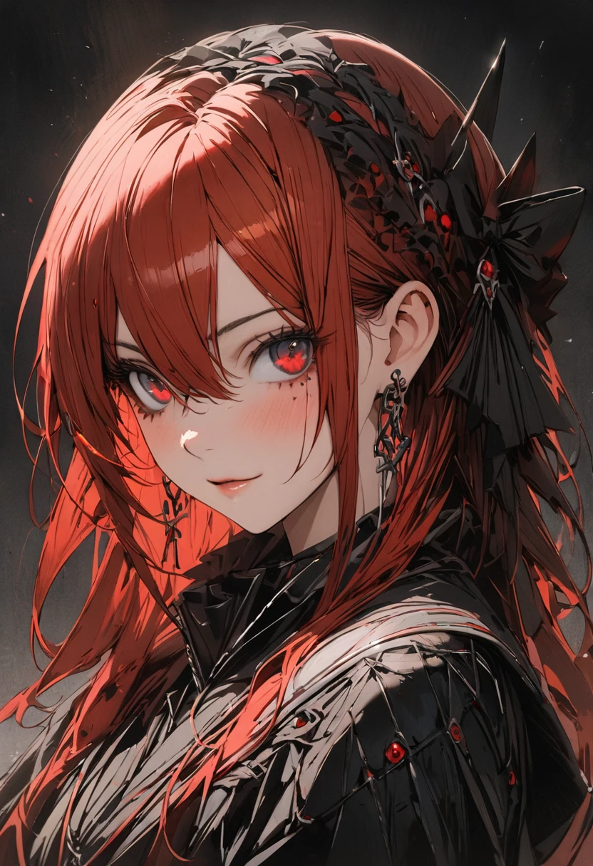 1 woman, striped hair, long red hair, hair between eyes, moles under the eyes, red eyes, black cloth, high detail, conceptual art, japanese cartoon movies, gothic art, masterpiece, super detail, high details, high quality, best quality
