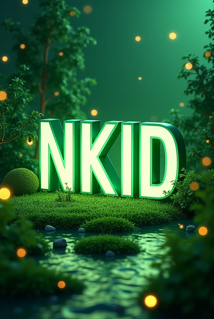 Create a realistic 3d image of "NKD" in style bold font,green love background,neon capital letter