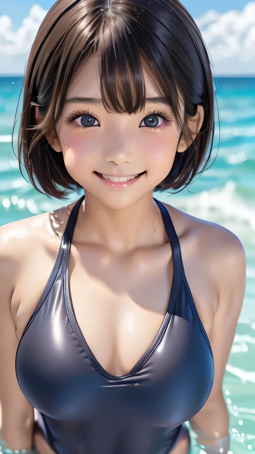 Highest quality、Realistic、、zoom、、Women、low length、cute、Light grey eyes、Black Hair、short hair、Tanned brown skin、Dark Skin、Blue swimsuit、Flat Chest、、thin、smile、Ocean、Bust Shot