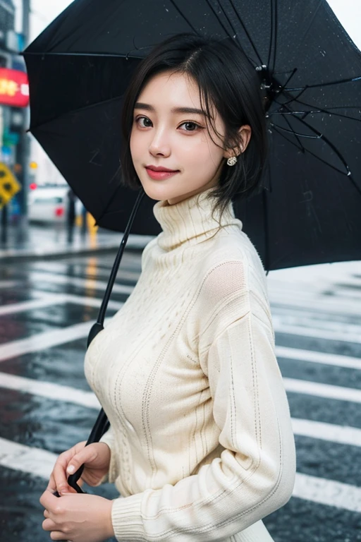 (Two pure Japanese,), (Small breasts:1.5,),(alone,,Textured skin, Detailed skin,Detailed face,Detailed eyes,detailed posing,Natural eyebrows,Sparkling eyes,Attention to detail, Highest quality, Very detailed, Surrealism, ,8k,RAW Photos,Photographicism,Professional Lighting,Ray Tracing,Portrait Photography,Soft Light),((Black Hair, Natural Makeup,Simple Earrings, Bob Hair,smile)),(((Turtleneck sweater,pedestrian crossing,rain,Holding an umbrella)))