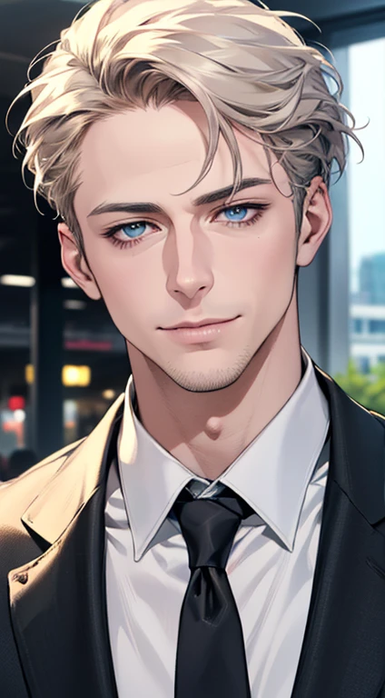 (best quality,4k,8k,highres,masterpiece:1.2),ultra-detailed,(realistic,photorealistic,photo-realistic:1.37),1 man,3,mature man,very handsome,without expression,smile,short grey golden hair,blue eyes,penetrating gaze,perfect face without errors,imposing posture,businessman,office background,cinematic lighting,hdr image