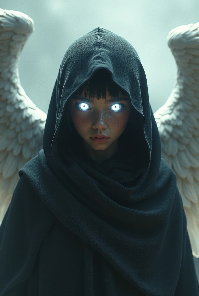 (Guerrero joven with ala angelicales) with (Pair of white eyes ) (with un punto negro en el medio de cada uno) and (A black circle inside the eyes surrounds those black spots ) (These eyes shine, it has a hood) ( alas with estela blanca) (masculine)
