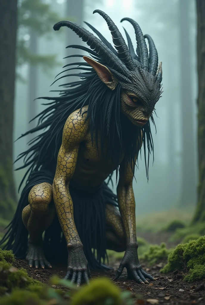 Generate a highly detailed and atmospheric scene of a mystical forest creature crouching in a misty woodland setting. The creature has an otherworldly appearance, with intricate body paint resembling cracked earth, and wears elaborate feathered adornments, including a headdress made of dark and light feathers. The creature's face is partially masked, with sharp, angular features and intense, almost haunting eyes. The environment around is dense with fog, with tall trees and a moody, ethereal ambiance, emphasizing the creature's connection to the mystical forest.