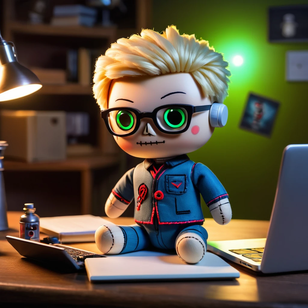 (knitted toy voodoo doll:1.9), (male:1.0), (voodoo doll youtuber with short blonde hair and glasses:1.1), (clothing: casual modern outfit with subtle science-themed patterns:1.0), (accessories: floating YouTube icons, miniature scientific equipment such as beakers and test tubes, glowing laptop:1.3), (background: digital workspace with glowing YouTube play button, scattered science books, and futuristic lab setting:1.2), (lighting: cool soft light with a slight techno-glow:1.1), best quality, masterpiece, detailed soft oil painting, detailed background, dramatic cinematic lighting, soft edge lighting, professional, dramatic lighting, hard edge lighting, ultra quality, 4k,masterpiece, best quality, 8k, ultra highres, highres, extremely detailed