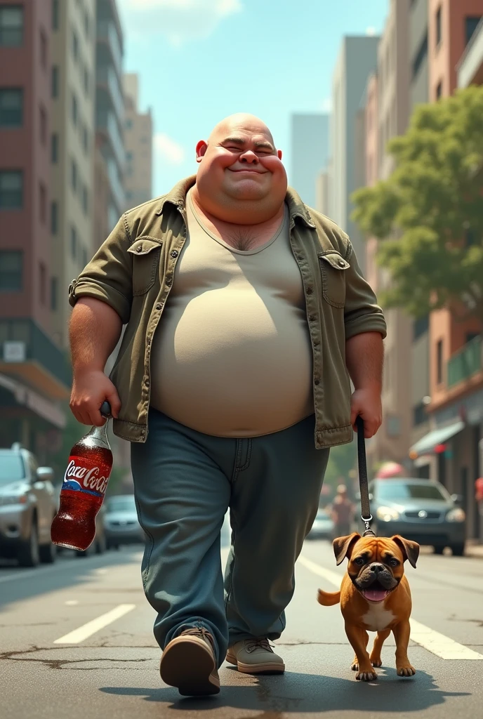 (真实感 )(bald man with a big nose and a big belly )man is walking down the street with his 2l coke as if he were a dog

