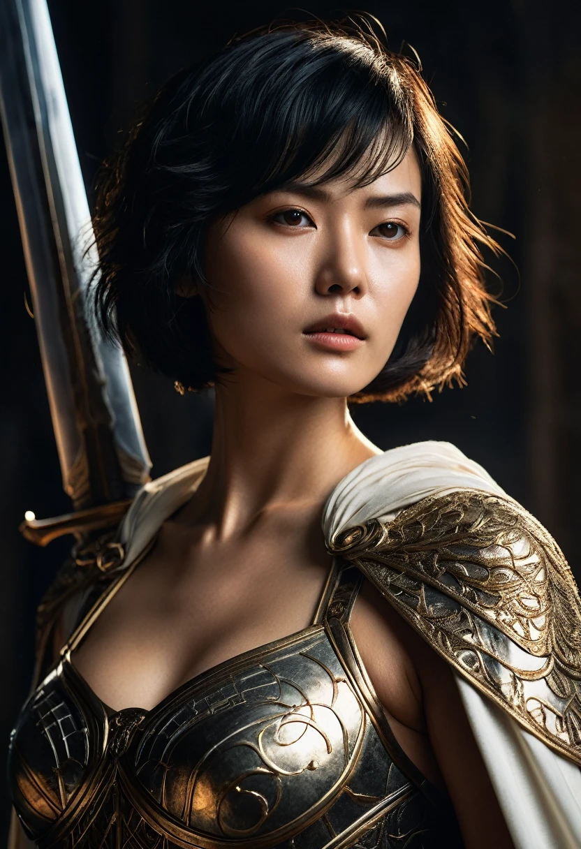 genius extremely beautiful young girl Keiko, short hair, black hair, subtle makeup, golden hour, photorealistic, high contrast, 8k HD, detailed, hyper-detailed, realistic skin texture, big breast, best quality, ultra high res, raw photo, dramatic lighting, unreal engine, diffuse glow intricate silver eaba, white imperial cape, spear, sword, no helm, intricate details High Quality, 8k, Realistic, Ultra-Detailed, Dramatic Lighting, Soft Focus, Digital Illustration, Intense Expression, Strong Gaze, Intense Emotion, Complex Mechanics, Advanced Technology, Dark Background, Cinematic, High Contrast, Moody, Strict, Atmosphere, (Best Quality, 4k, 8k, High Definition, Masterpiece: 1. 2 ), ultra-detailed, (realistic, graphic, photorealistic:1.37) --no glass