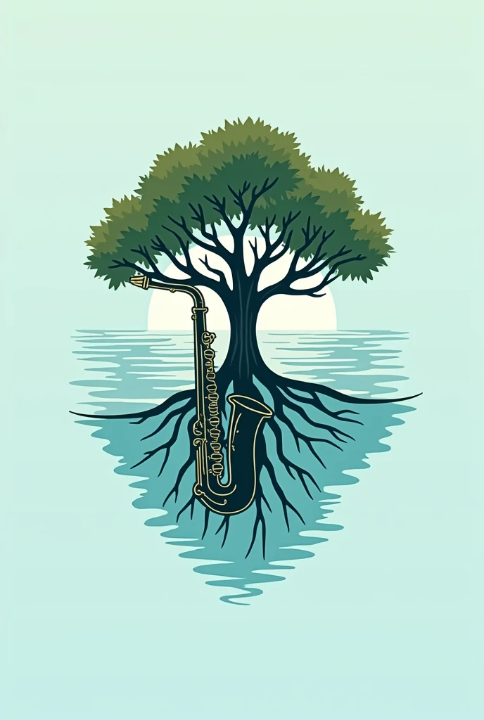 A logo of a musical group called Lake Avenue, that the logo has two elements a mangrove, a saxophone.