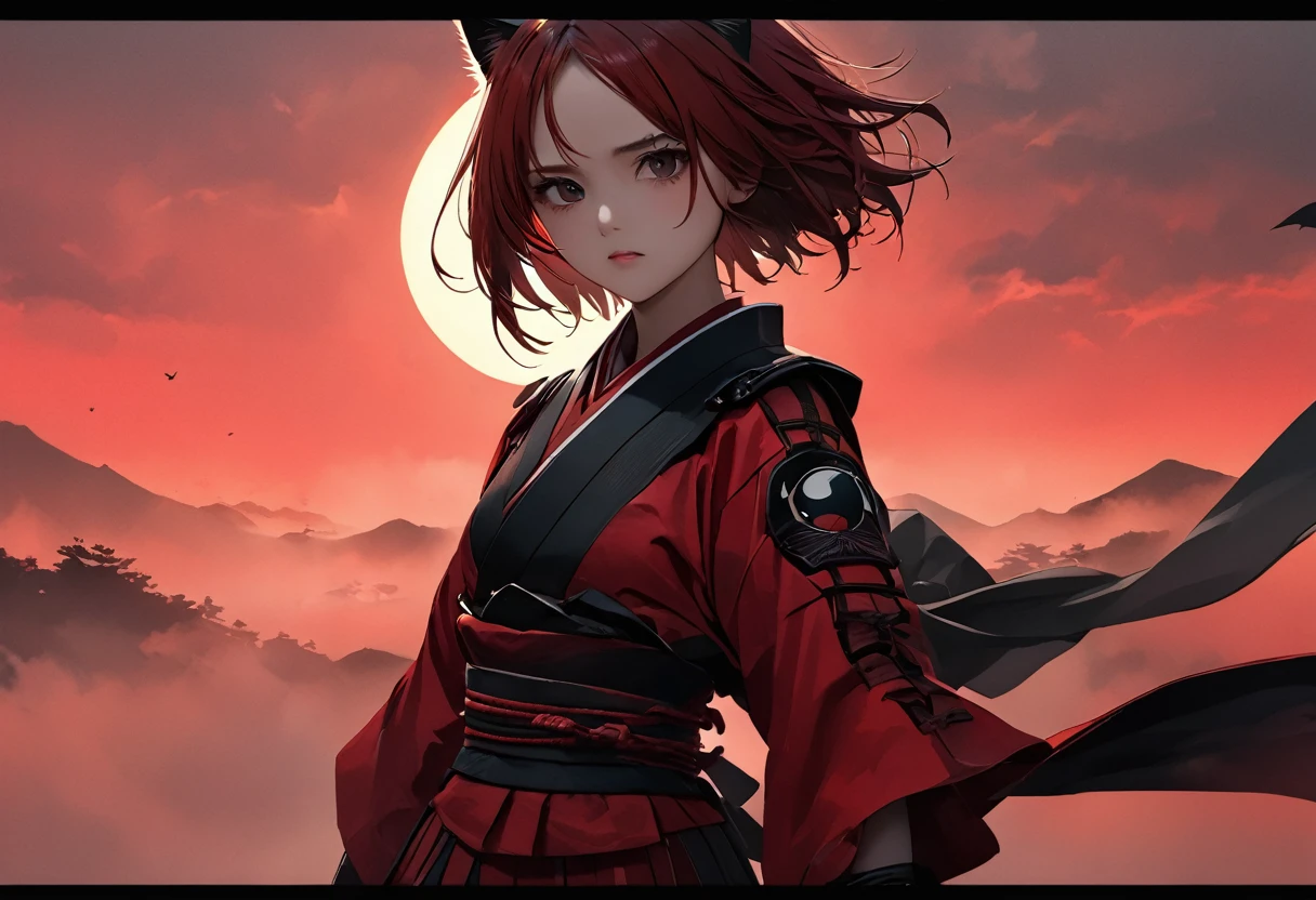 Realistic texture。((((Ultra HD)))。Precise depiction。((Beautiful Face))。A woman in scarlet ronin clothing。Beautiful feet。Arms crossed。Messy red short hair。((forehead))。Cat ear。Cat Eyes。 White Wilderness。A world of thick fog,。Dark Eyes。clothes are blowing in the wind。Serious expression。A sword is hanging from his waist.。alone。Japan。black sun。Red Sky。Chiaroscuro,