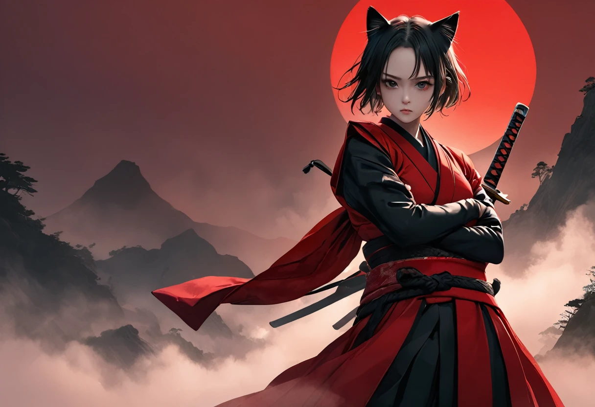 Realistic texture。((((Ultra HD)))。Precise depiction。((Beautiful Face))。A woman in scarlet ronin clothing。Beautiful feet。Arms crossed。Messy red short hair。((forehead))。Cat ear。Cat Eyes。 White Wilderness。A world of thick fog,。Dark Eyes。clothes are blowing in the wind。Serious expression。A sword is hanging from his waist.。alone。Japan。black sun。Red Sky。Chiaroscuro,