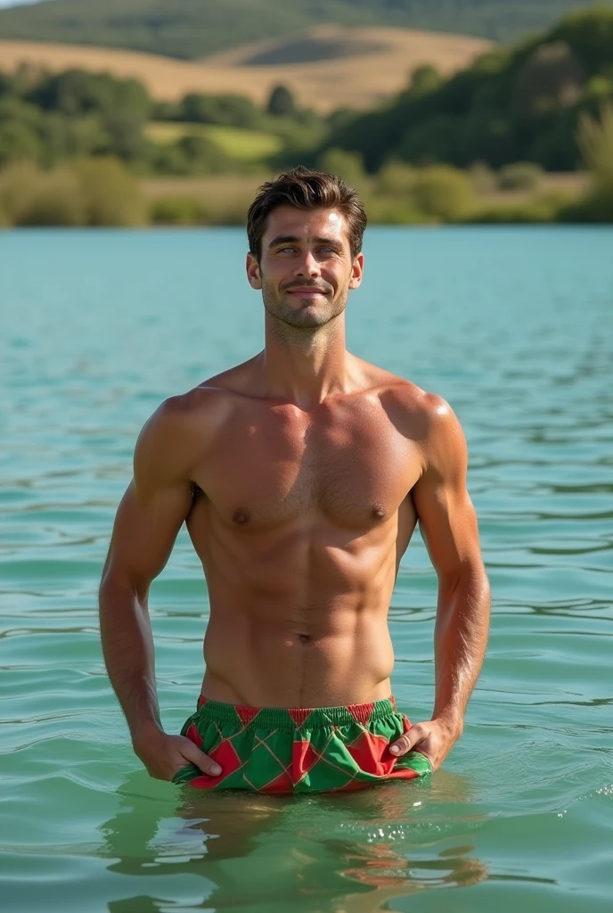A white man, aged 35, model type, with short dark hair, with blue eyes, wearing green and red checkered swimming trunks, cooling off in a lake in Alentejo