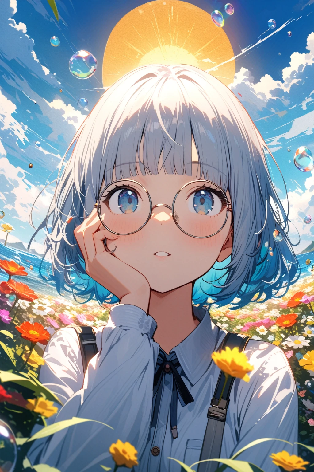 (extremely detailed fine touch:1.3), girl, solo, alone, 2.5d, (((silver semi-rimless round eyewear:1.3))), short hair, smooth hair, blunt bangs, look up sun, hand on own face, flower garden, sea, cumulonimbus, flying school of fish, soap bubble,