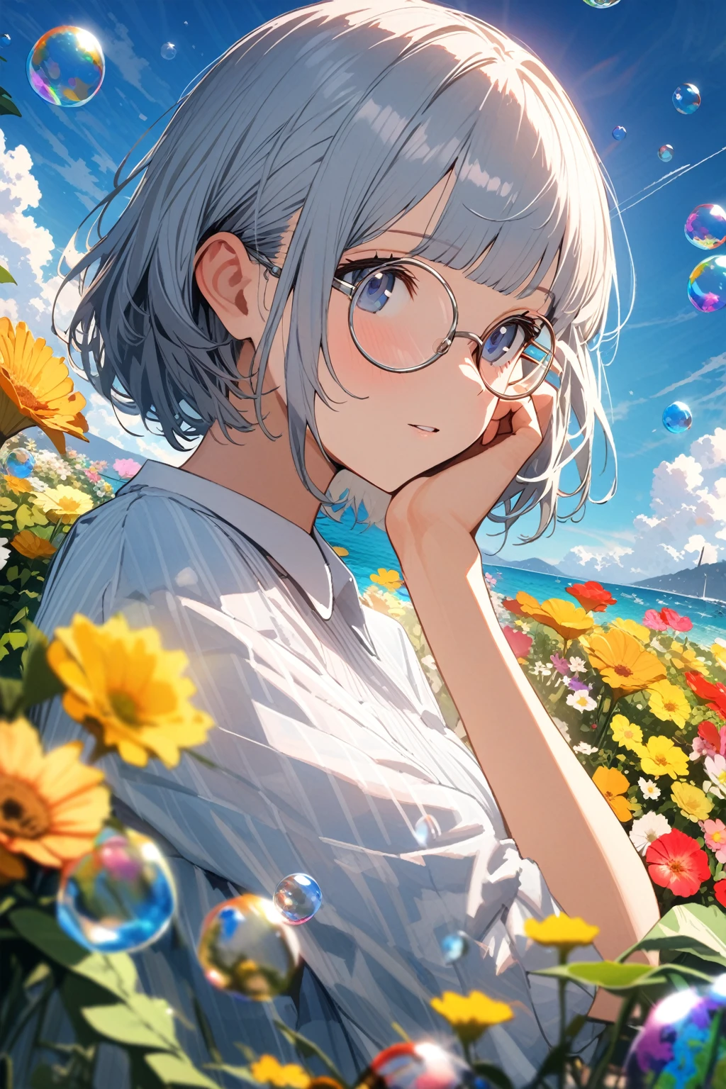 (extremely detailed fine touch:1.3), girl, solo, alone, 2.5d, (((silver semi-rimless round eyewear:1.3))), short hair, smooth hair, blunt bangs, look up sun, hand on own face, flower garden, sea, cumulonimbus, flying school of fish, soap bubble,