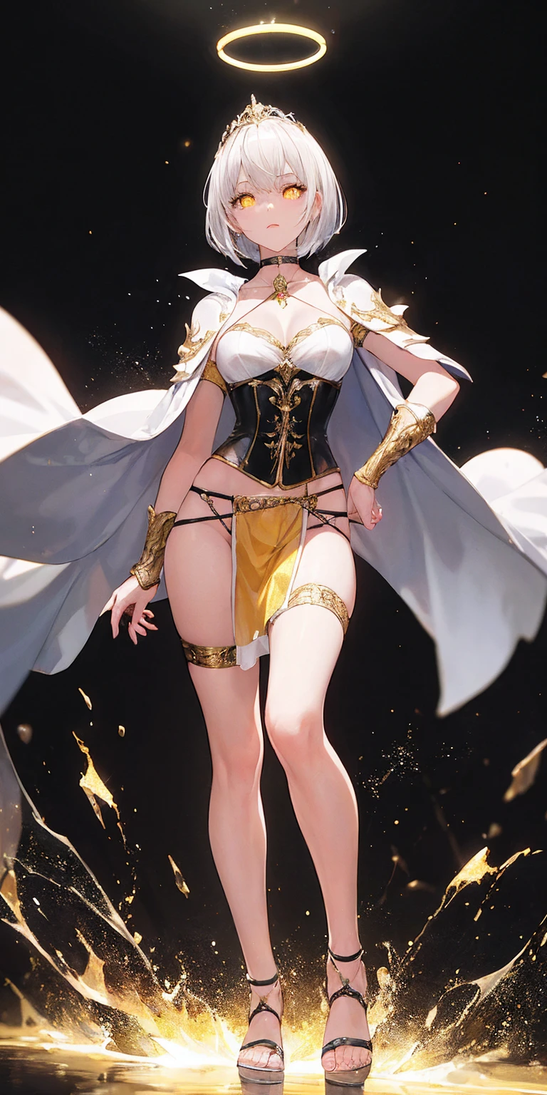 (black background) paladin lady in ornate golden armor, pauldrons, breastplate, corset, glowing halo, short hair, bob hair style, white silver hair, yellow glowing eyes, bright pupils, eye focus, red cape, particles, light beam, chromatic aberration, full body, whole body 1solo (girl) loincloth standing, hands on hips, metal sandals, leather black choker, big belt, view from below, feet together, bracers, tiara