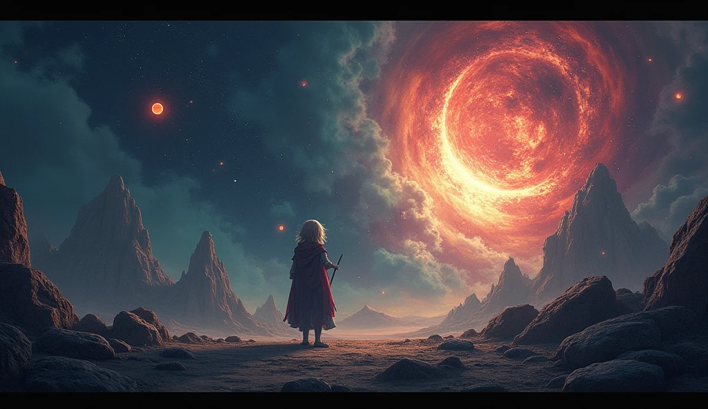 ((Best quality)), ((masterpiece)), (detailed), Beautiful space photography, Demons hunt the boy. In the corner, as a watermark, it says Theeihu.