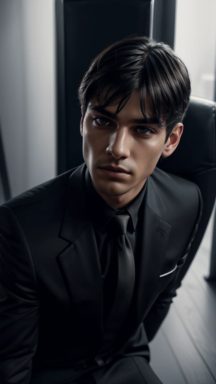 A 1 boy sitting on a chair, wearing a black suit, beautiful detailed eyes, beautiful detailed lips, extremely detailed face, long eyelashes, serious expression, photorealistic, 8k, high quality, intricate details, dramatic lighting, cinematic composition, moody atmosphere, dark and gritty, dramatic shadows