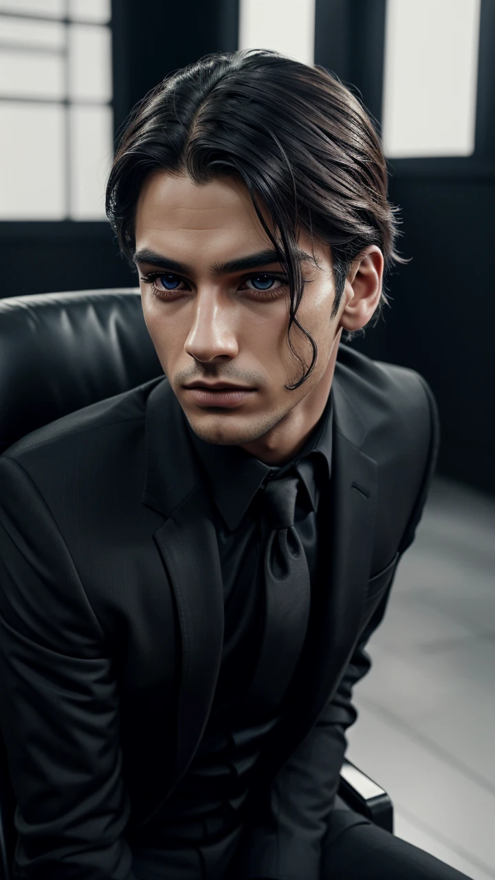 A 1 boy sitting on a chair, wearing a black suit, beautiful detailed eyes, beautiful detailed lips, extremely detailed face, long eyelashes, serious expression, photorealistic, 8k, high quality, intricate details, dramatic lighting, cinematic composition, moody atmosphere, dark and gritty, dramatic shadows