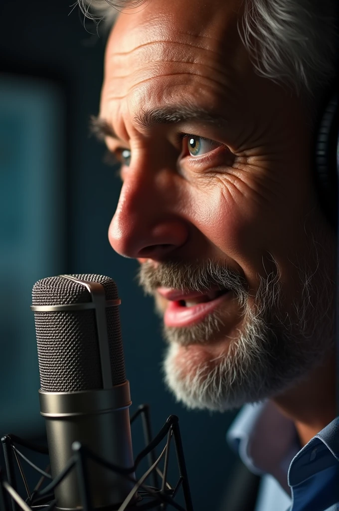 I want to generate a close-up image of a person&#39;s face making a voiceover into a microphone. 