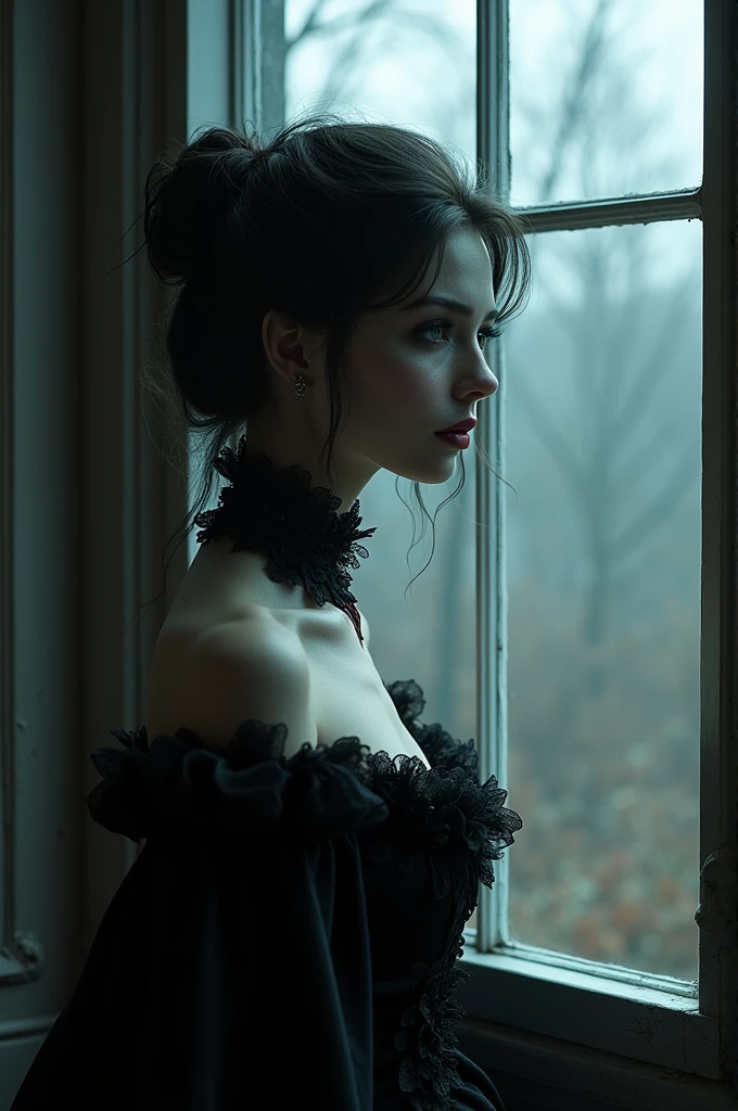 Vampire woman looking sadly out the window , beautiful face , with a very pretty gothic dress