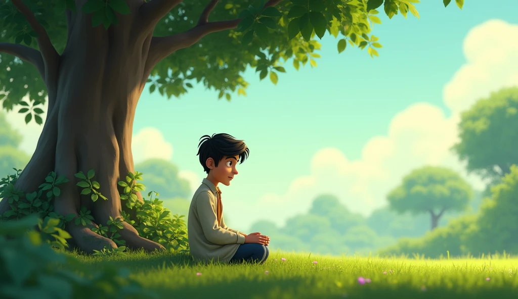 In 3d animation story"Rofiq, now sitting alone under a tree in a serene garden, looking thoughtful and introspective. He’s thinking about what his grandfather said about Allah watching over everyone. The sky is clear, and there’s a gentle breeze, symbolizing a moment of self-reflection."