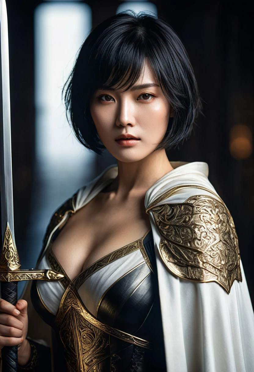 genius extremely beautiful idol lady Keiko, short hair, black hair, subtle makeup, golden hour, photorealistic, high contrast, 8k HD, detailed, hyper-detailed, realistic skin texture, big breast, best quality, ultra high res, raw photo, dramatic lighting, unreal engine, diffuse glow intricate silver eaba, white imperial cape, spear, sword, no helm, intricate details High Quality, 8k, Realistic, Ultra-Detailed, Dramatic Lighting, Soft Focus, Digital Illustration, Intense Expression, Strong Gaze, Intense Emotion, Complex Mechanics, Advanced Technology, Dark Background, Cinematic, High Contrast, Moody, Strict, Atmosphere, (Best Quality, 4k, 8k, High Definition, Masterpiece: 1. 2 ), ultra-detailed, (realistic, graphic, photorealistic:1.37) --no glass