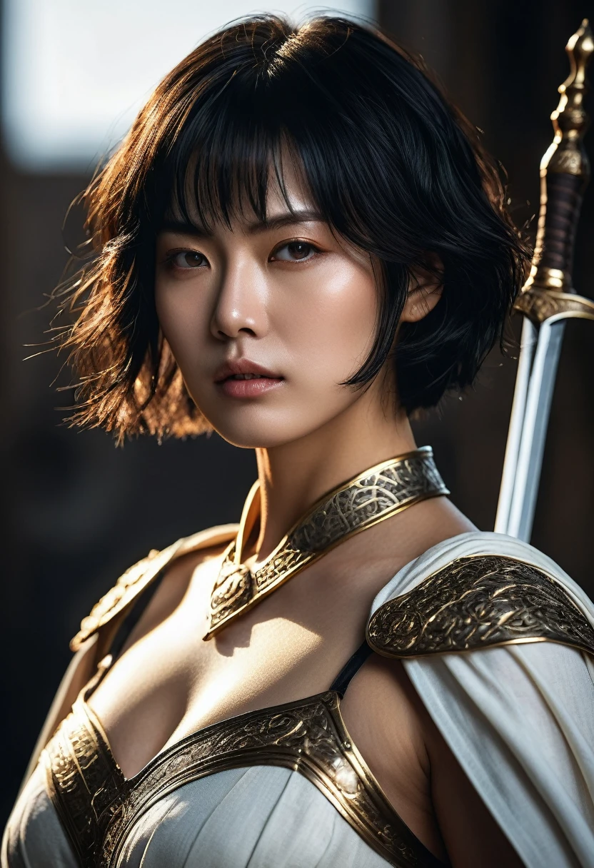genius extremely beautiful idol lady Keiko, short hair, black hair, subtle makeup, golden hour, photorealistic, high contrast, 8k HD, detailed, hyper-detailed, realistic skin texture, big breast, best quality, ultra high res, raw photo, dramatic lighting, unreal engine, diffuse glow intricate silver eaba, white imperial cape, spear, sword, no helm, intricate details High Quality, 8k, Realistic, Ultra-Detailed, Dramatic Lighting, Soft Focus, Digital Illustration, Intense Expression, Strong Gaze, Intense Emotion, Complex Mechanics, Advanced Technology, Dark Background, Cinematic, High Contrast, Moody, Strict, Atmosphere, (Best Quality, 4k, 8k, High Definition, Masterpiece: 1. 2 ), ultra-detailed, (realistic, graphic, photorealistic:1.37) --no glass