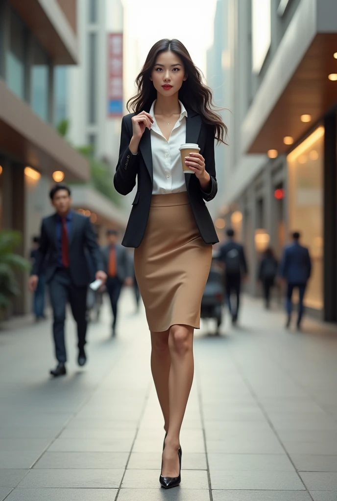 Beautiful Thai woman wearing office lady outfit, walking in high heels, sipping coffee.