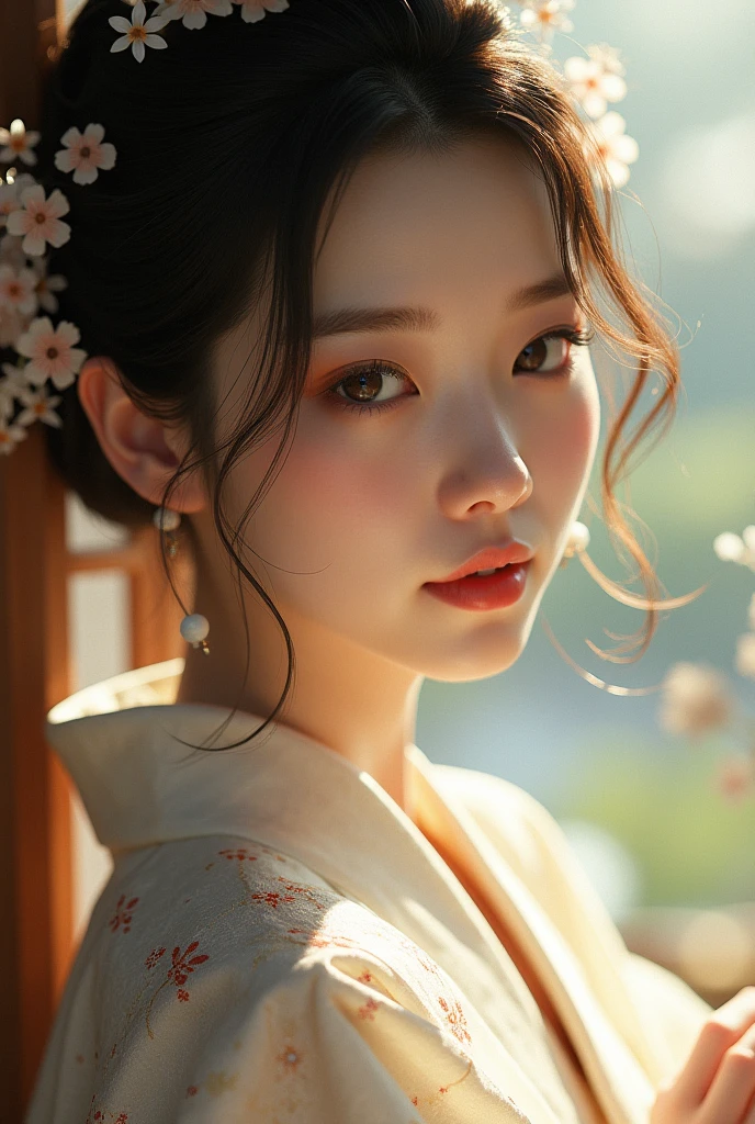 An elegantly dressed Japanese woman in natural light、A close-up of her chest and calm expression.、It shows her inner peace and outer charm.。