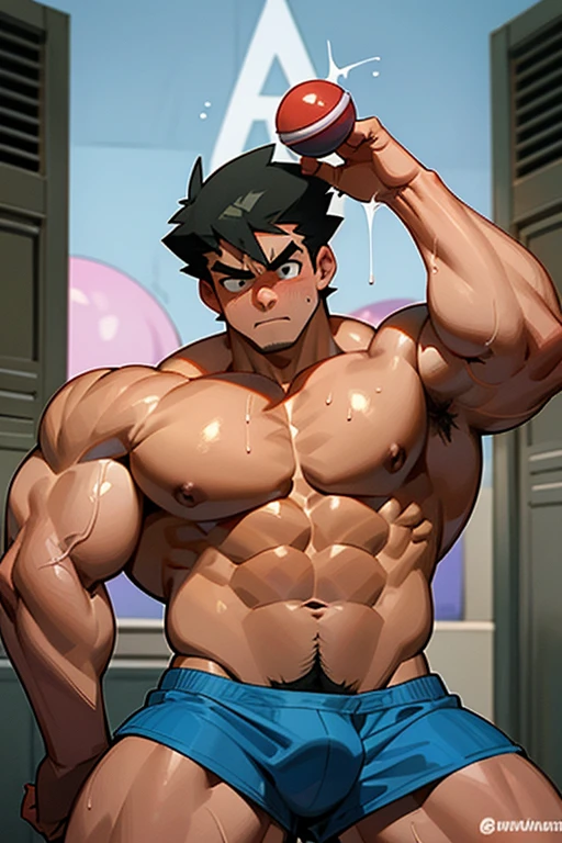 Ash Ketchum from Pokémon anime as a big dumb teenage muscular bodybuilder jock in a locker room flexing and staring blankly with mouth gaping open as his eyes glow under hypnosis as he repeats, "Bigger... Dumber.... Must obey.... More like a jock bro every day.... Yes, Coach. I obey. Huhuhuhuh.... Sweaty brutes must obey.... Sweaty brutes do what you say.... Big ... sweaty ... musky jock bro.... The muscles must grow. The old smarts must go.... Recruit the nerds and watch them grow. Make them like us, ... more big dumb jock bros. Huhuhuh.... We will grow. We will spread. We will make more dumb jocks.... We will grow... We will spread... We will make more dumb jocks.... We will grow. We will spread. We will make more dumb jocks.... Assimilate.... Grow.... Transform.... Become.... Convert.... Be a dumb jock...." in deep mindless emotionless voice with fellow hypnotized jocks to forget about catching ghosts and focus instead on training his body and obeying his coach. Mouth dropped open. Hyper swollen bulging crotch. Hyper muscles. Toned muscles. 5% body fat. Steam rising from armpits and shoulders. Big biceps. Big triceps. Broad shoulders. Big traps. Big lats. Big meaty pecs. Massive deltoids. Six-pack abs. Spherical glutes. Brainwashing. Hypnosis. Hypnotized. Bro. IQ drain. Dumber and dumber. Meathead. Musclehead. Mindless. Hypno. Mind control. Brain drain. Entranced. Brute. Brutification. Brain drain. brainwashed. brainwash. Meathead jock bro assimilation. Mindless. Brainless. Empty stare. Hairy pecs. Hairy armpits. Treasure trail.