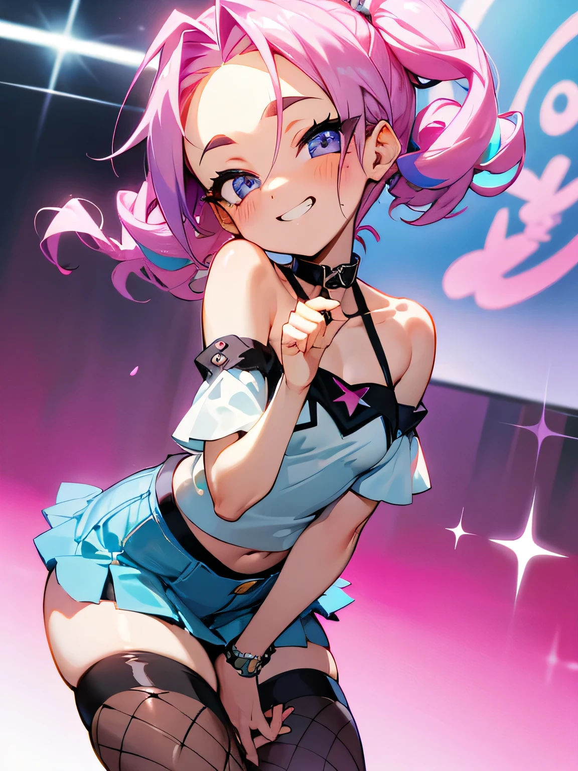 solo,(looking at viewer:1.2),((leaning foward:1.3)), wariza,close up cute face,multicolor curly sideup hair, (tsurime), big forehead, eyelash, punk lady clothing, offshoulder, black camisole, pink miniskirt, fishnet stockings, punk rock image, Sing a song、(diva),(I am the star)、grin