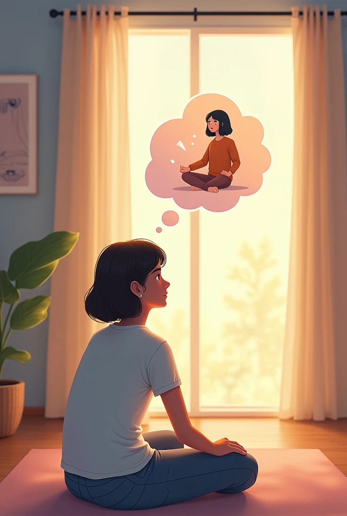 Alex is sitting quietly in a serene room, with a thought bubble showing a calm, guiding figure(cartoonised)