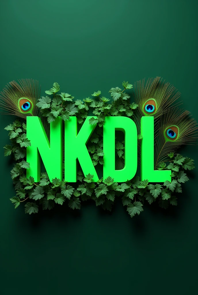 Create a realistic 3d image of "NKD" in style bold font,green love background,neon capital letter, Peacock feathers on letters