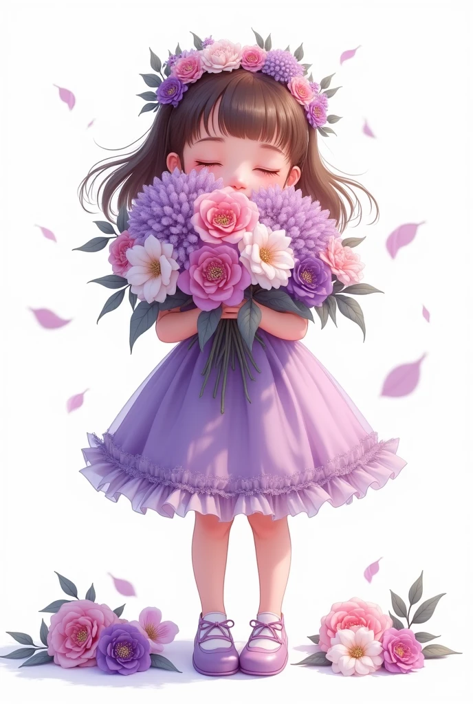 white background,cute little baby girl standing,wearing beautiful party frock,purple shade full frill frock,wearing beautiful shoes,her hands full of large flower bunch,some flowers are fell down,nice smiling anime Sophia face,hide half face of flowers