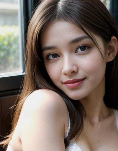 (1girl:1.3), Masterpiece, Best quality, amazing beauty, 4K, absurdres, finely detail, super detailed eye, perfect anatomy, official art, cinematic lighting, BREAK, garden, Park, outside, silky medium long hair, black hair, super shiny detailed brown eyes, facing this way, Looks like fun, Laughing, BREAK , big breasts, white skin, pale skin, , BREAK , (red underwear:1.2), BREAK,()