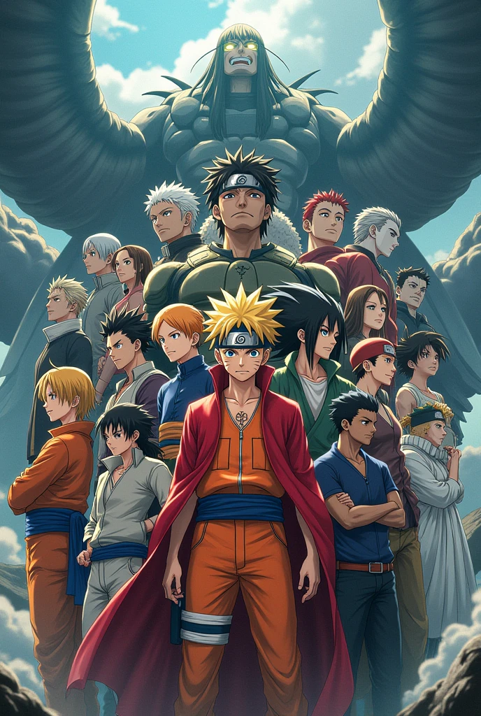 Naruto,levi,luffy,zoro, Goku,gon freecss,guts,Kakashi,L,satoru gojo,light yagami,tanjiro,vegita,Saitama,Itachi uchiha,eren,Leon Fou Bartfort this all anime character in one picture for pc wallpapers size